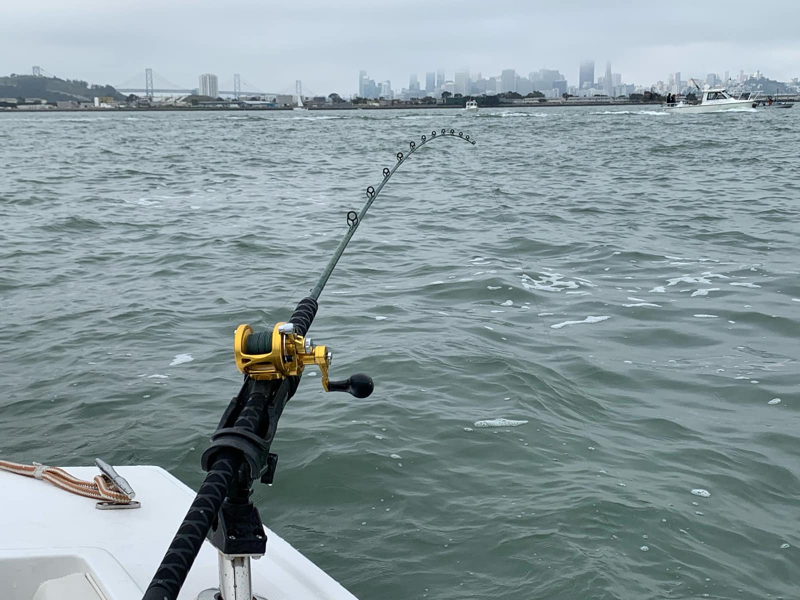 A custom saltwater rod rigged on a boat with San Francisco Bay in late-afternoon light